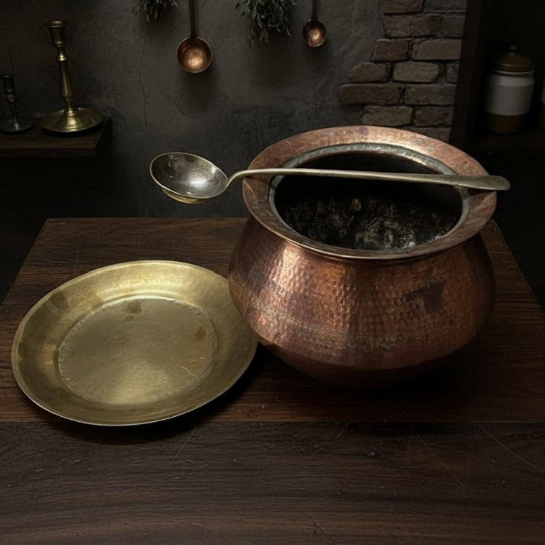 1982 Antique Copper Deg with Brass Lid and Ladle | Traditional Kitchen & Cooking Utensil