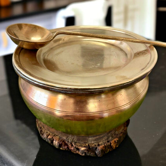 Antique Bronze Deg | with Brass Lid and Ladle | Kansa Bhagona | Pital Dhakkan & Spatula
