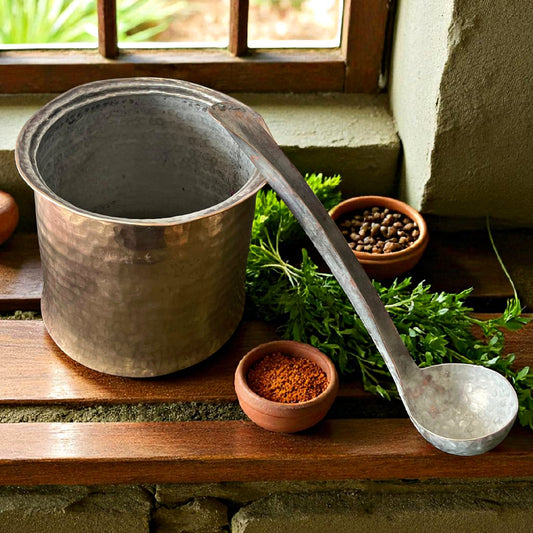 Antique Brass Cooking Bowl with 2L Capacity & Long Ladle | Pital Traditional Gravy Serving Vessel