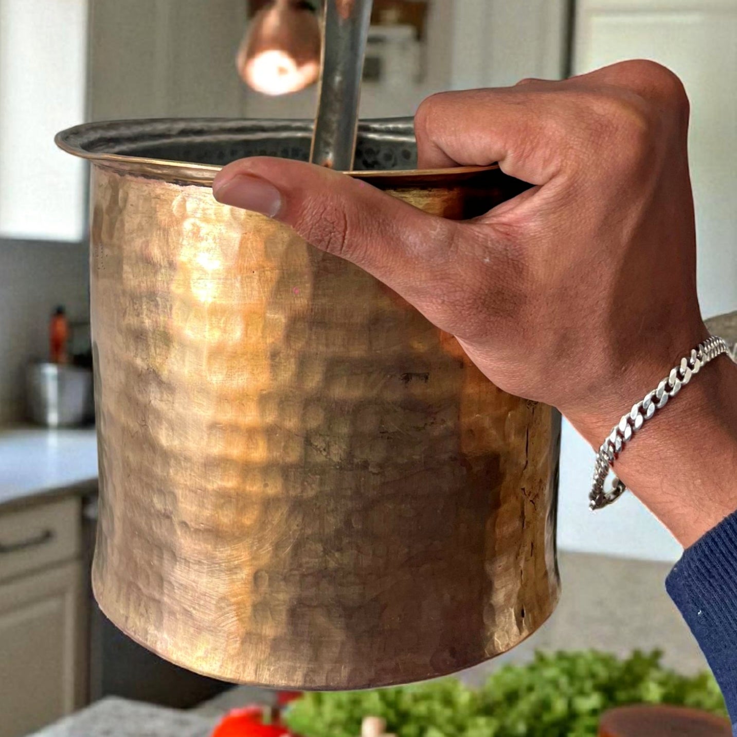 Antique Brass Cooking Bowl with 2L Capacity & Long Ladle | Pital Traditional Gravy Serving Vessel