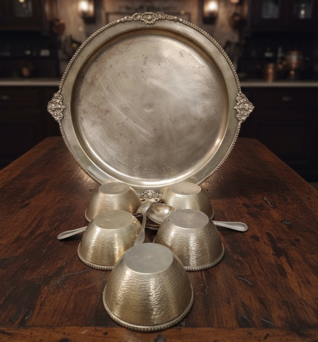 1985 Antique Brass Dessert Set with Ornated Borders | Traditional Serving Collection