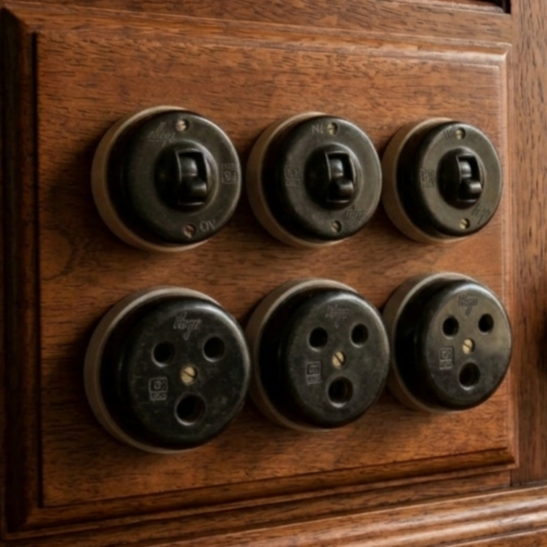 Vintage Bakelite Rotary Switch & Socket Panel | Brass-Mounted Hardwood Electrical Fittings Set of 6