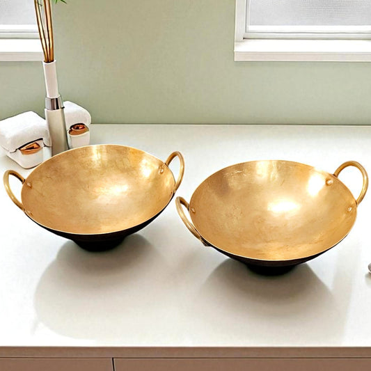 Antique Brass Kadai in Pair | Pital Traditional Cookware Set of 2