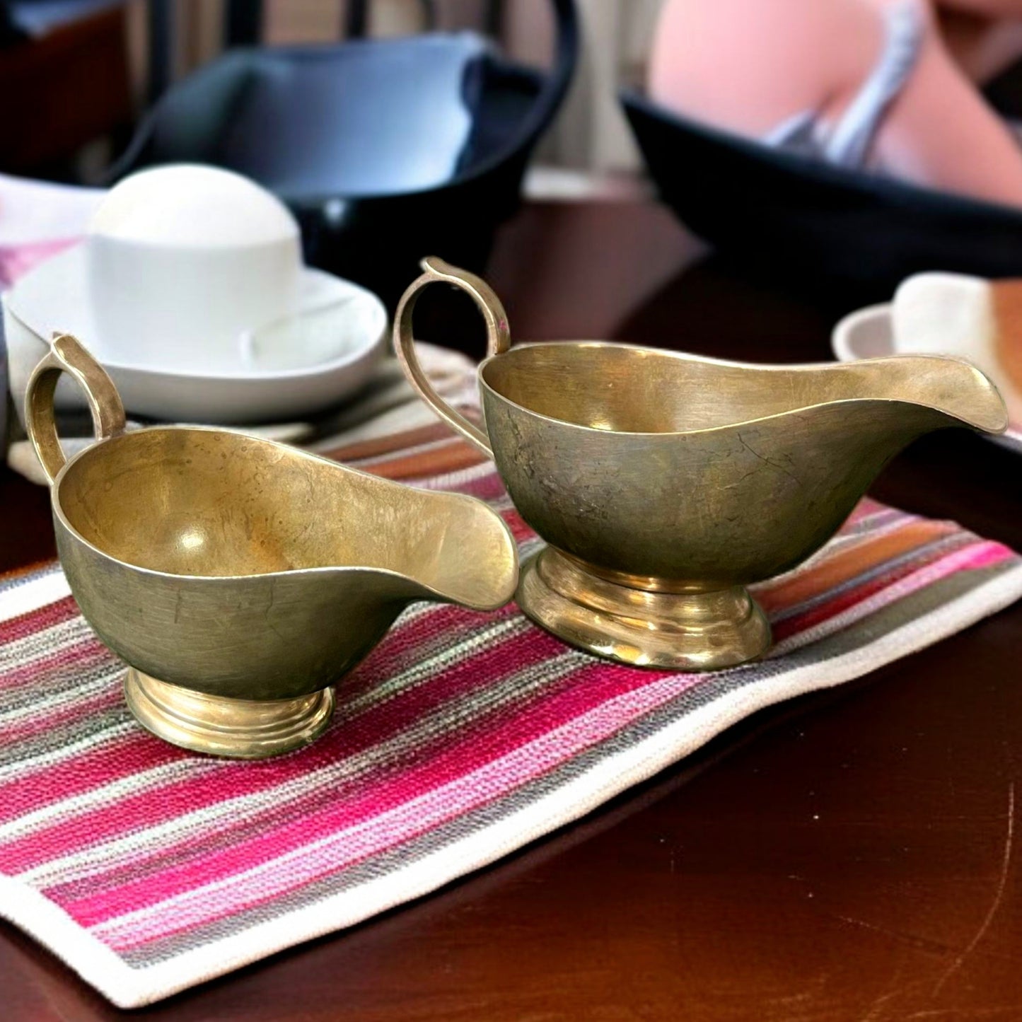 Antique Brass Gravy Boats Pair | Pital Traditional Serving Vessels