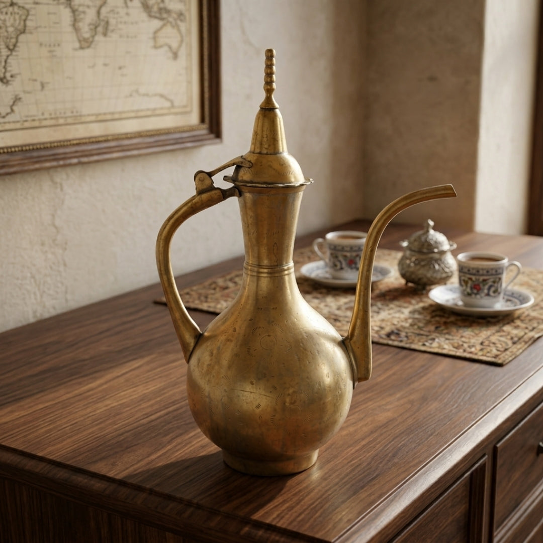 Antique Peetal Long-Spout Pitcher | Brass Ewer with Domed Lid | Made in 1970