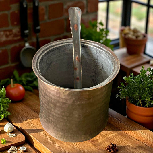Antique Brass Cooking Bowl with 2L Capacity & Long Ladle | Pital Traditional Gravy Serving Vessel