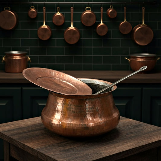 1953 Antique Copper Deg with Lid and Brass Silver-Coated Ladle | Traditional Kitchen & Cooking Set