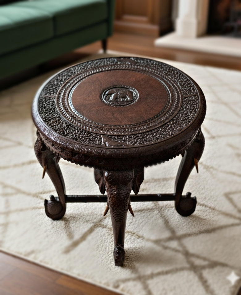 Angelo Indian Rosewood Table  with Elephant Carved Motif