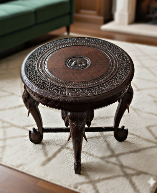 Angelo Indian Rosewood Table  with Elephant Carved Motif