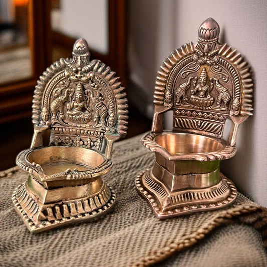 Brass Diya In Pair - Antique Engraved Oil Lamp