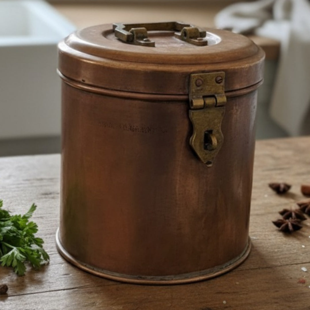 1980 Antique Brass Storage Box with Lock & Glass Insert | Tall Brass Kitchen Utility Box - Bombay Antiques