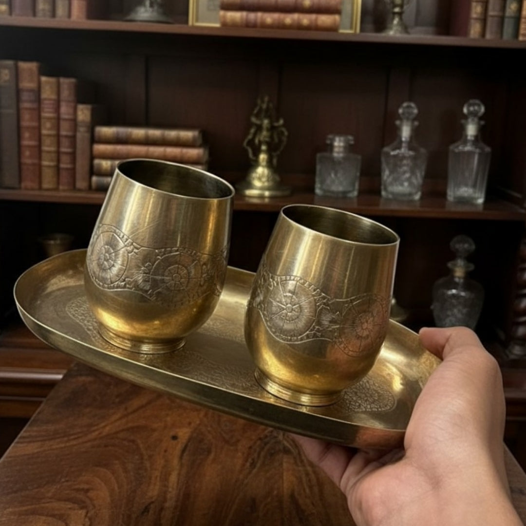 1986 Antique Brass Engraved Refreshment Set | Traditional Table & Décor Collection