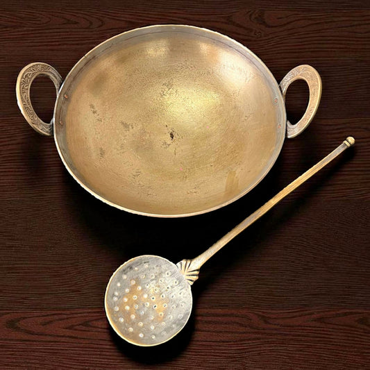 Antique Brass Chinese Kadai with Ladle | Pital Traditional Cooking Vessel