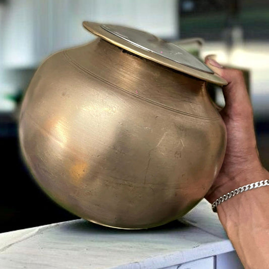 Antique Bronze Cooking Bowl with Lid & Ladle | Traditional Patila Handi