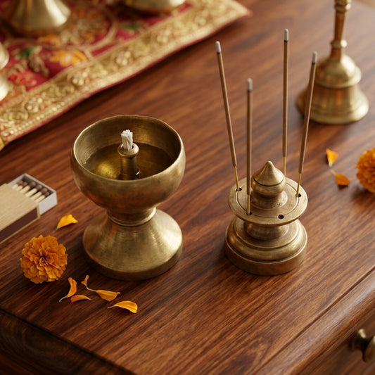 Antique Peetal Oil Lamp & Incense Holder Set | Brass Tabletop Duo | Made in 1979