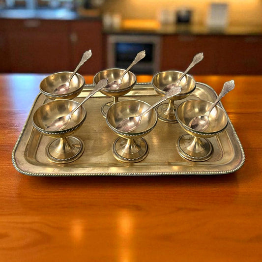 Antique Brass Dessert Set | Traditional Serving Cups with Tray