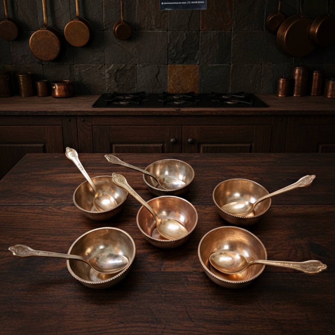1995 Antique Brass Dessert Bowls with Ornated Borders | Traditional Serving Set