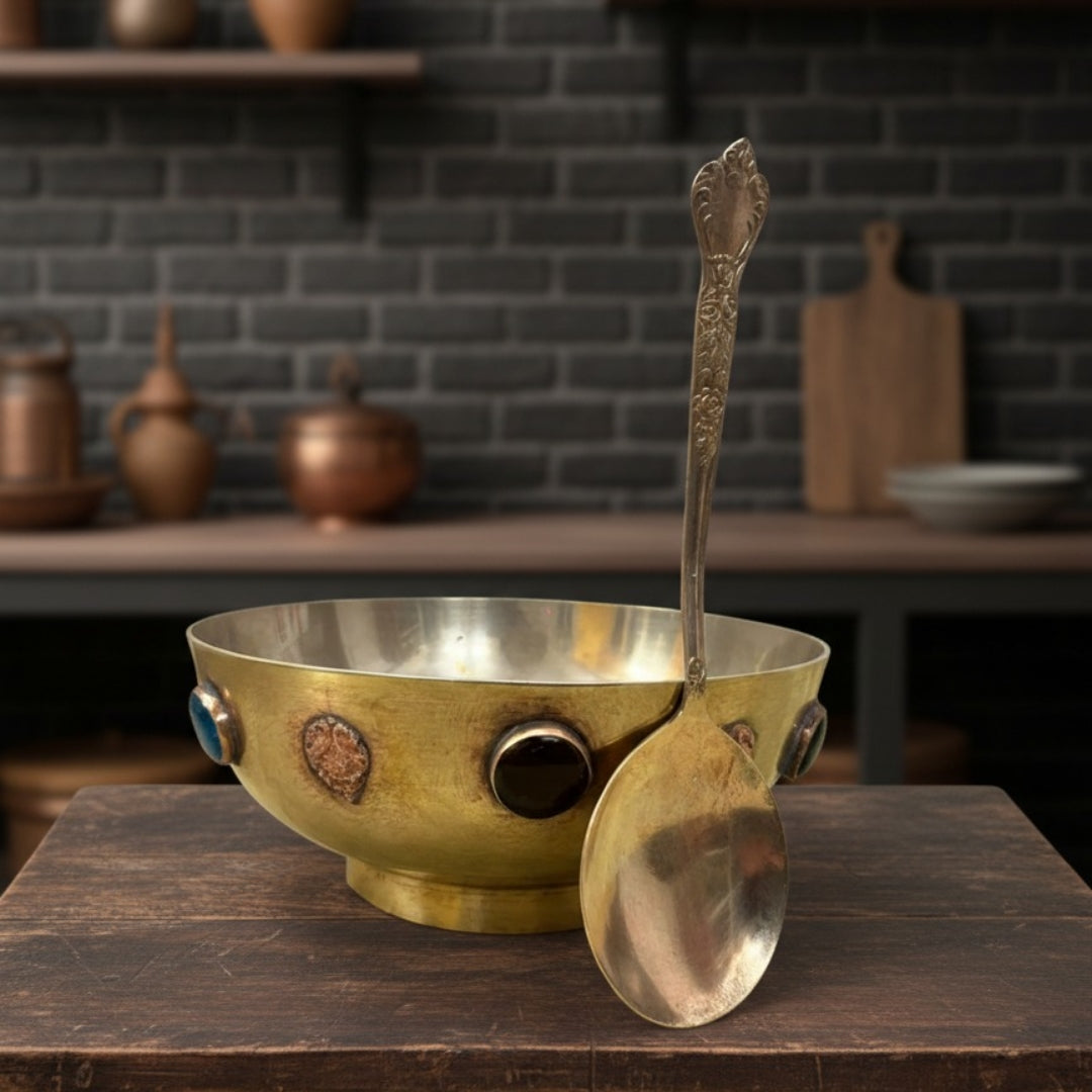 1979 Antique Brass Dessert Set with Décor Bowl & Tray | Traditional Dining & Display Collection