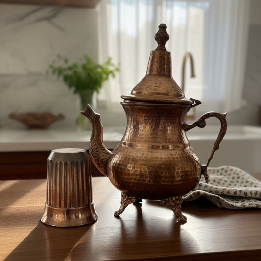 1987 Antique Brass Kettle with Matching Glass | Solid Brass Beverage Set