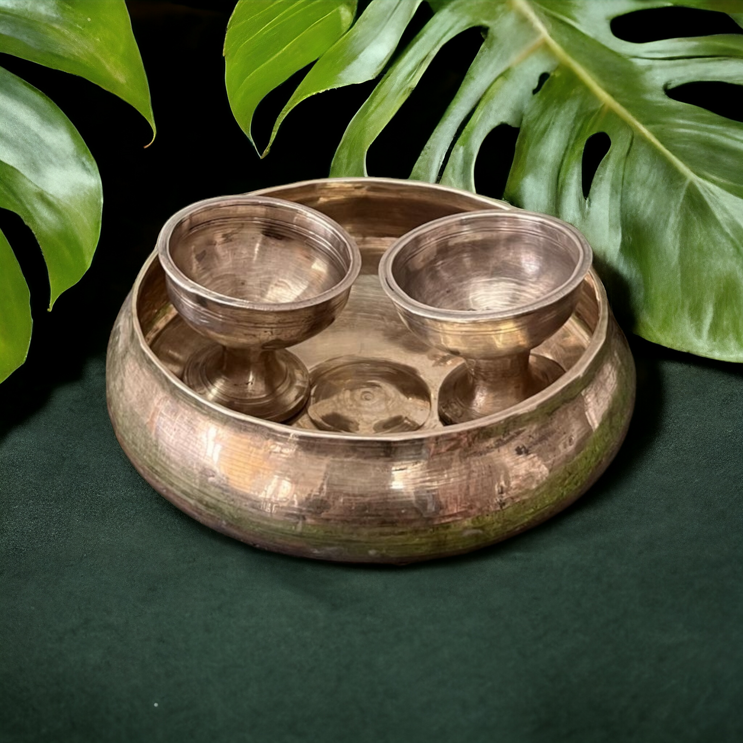 Bronze Urli With Diya Pair - Antique Kaansa Bowl With Oil Lamp