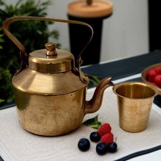 Antique Brass Teapot with Glass | Pital Chai Set | Traditional Serveware