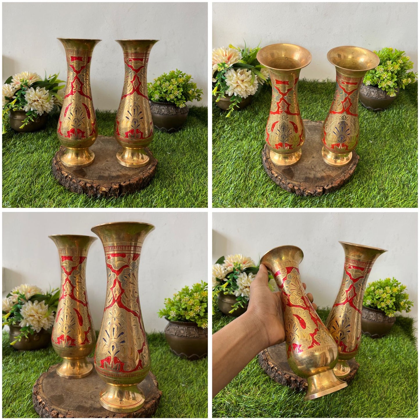 Brass Engraved Vase Pair -Antique Brass Phooladaan