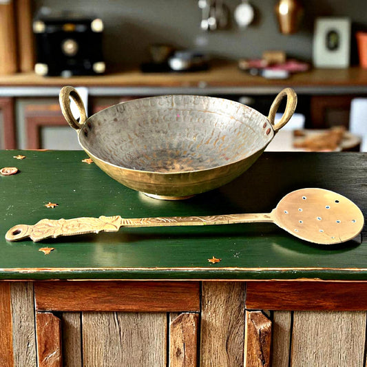 Antique Brass Kadai with Ladle | Traditional Pital Cooking Vessel