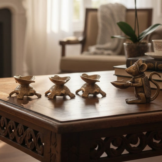 1980 Antique Brass Turtle and Mouse Diya Set of 4 | Small Brass Decor Accents