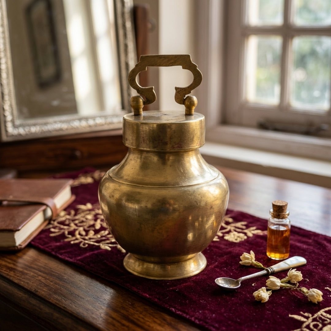 Antique Peetal Lidded Storage Jar | Brass Container with Loop Handle | Made in 1978