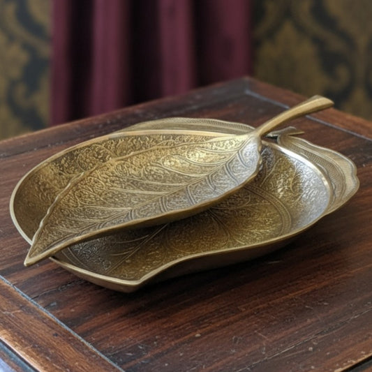1964 Antique Brass Leaf & Mango Shape Engraved Serving Tray Pair