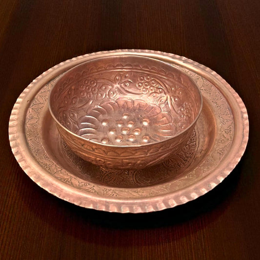 Antique Copper Engraved Bowl & Plate | Traditional Serving Rare Pair