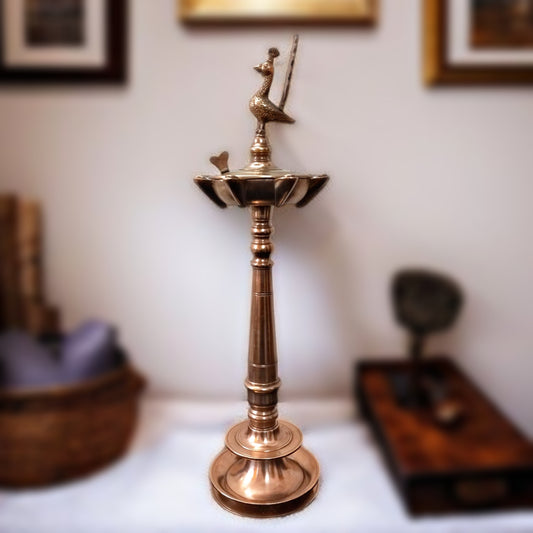 Antique Brass Peacock Samay | Pital Traditional Standing Oil Lamp