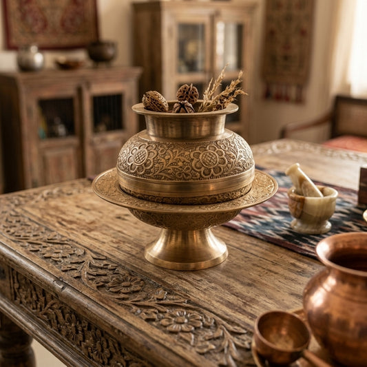 Vintage Peetal Engraved Bowl & Vase Set | Brass Decorative Display Set | Made in 1990 - Bombay Antiques