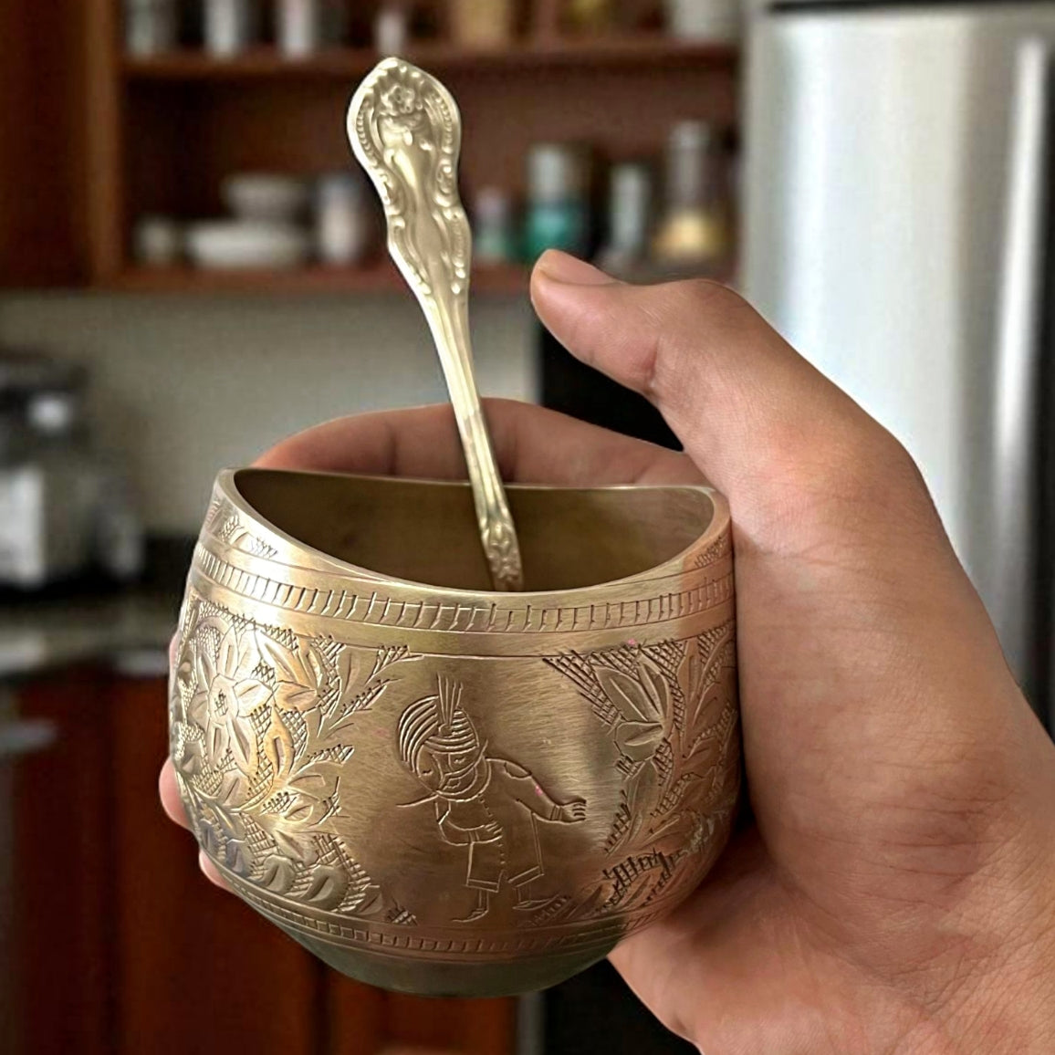 Antique Brass Engraved Bowls with Spoons from AI | Pital Traditional Serving Set ki