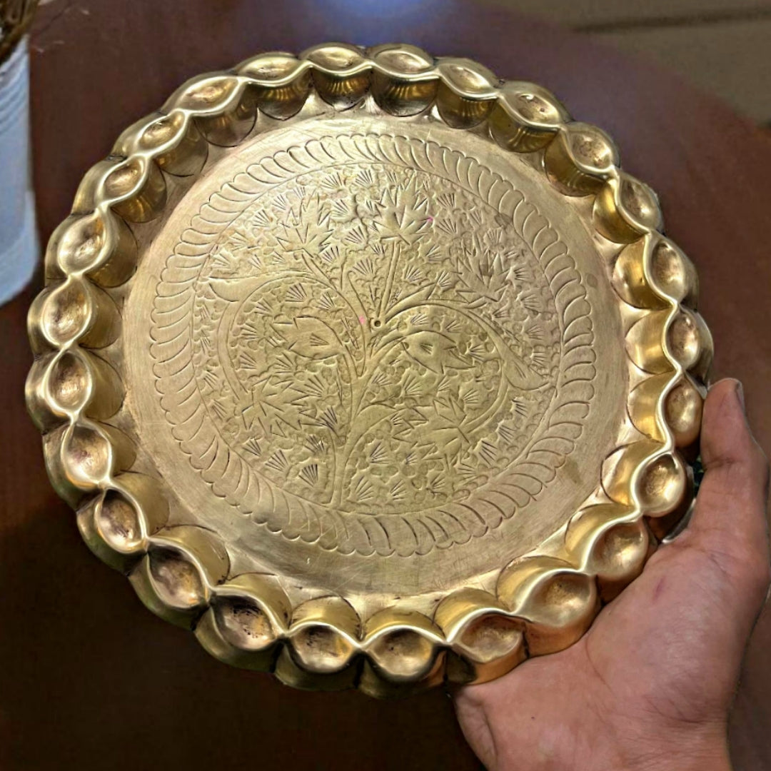 Antique Brass Engraved Plate 10 Inch | Traditional Pital Decor Thali with Border Design
