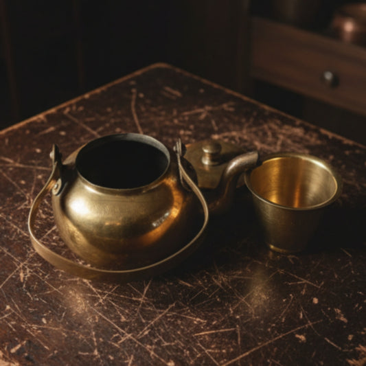 1925 Antique Brass Kettle with Pyala | Traditional Serveware Set