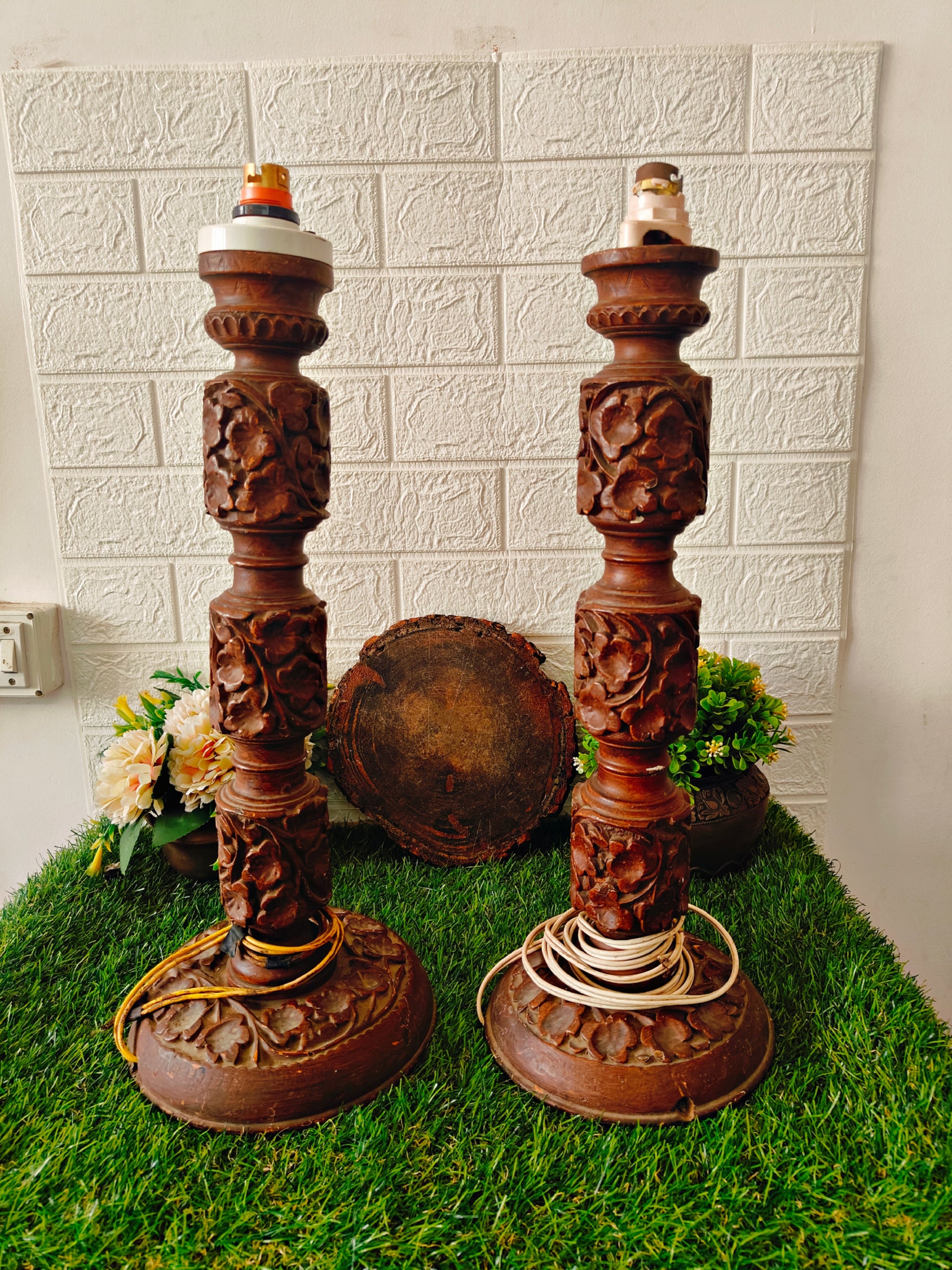 Antique 20 inches Handcrafted Wooden Lamps Pair - Kashmiri Walnut Wood - Bombay Antiques