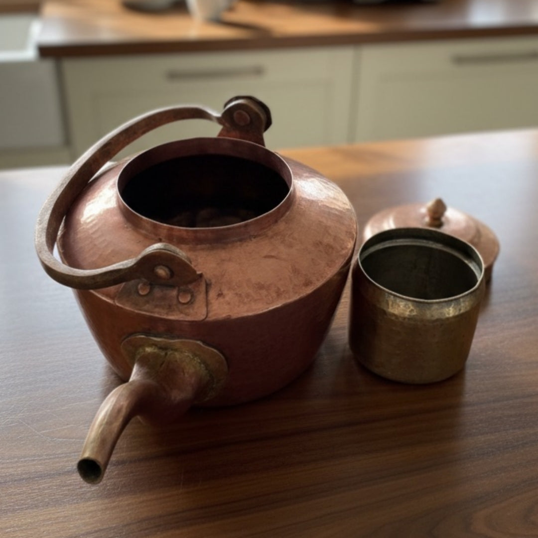 1989 Antique Copper Kettle with Brass Glass | Solid Metal Beverage Set