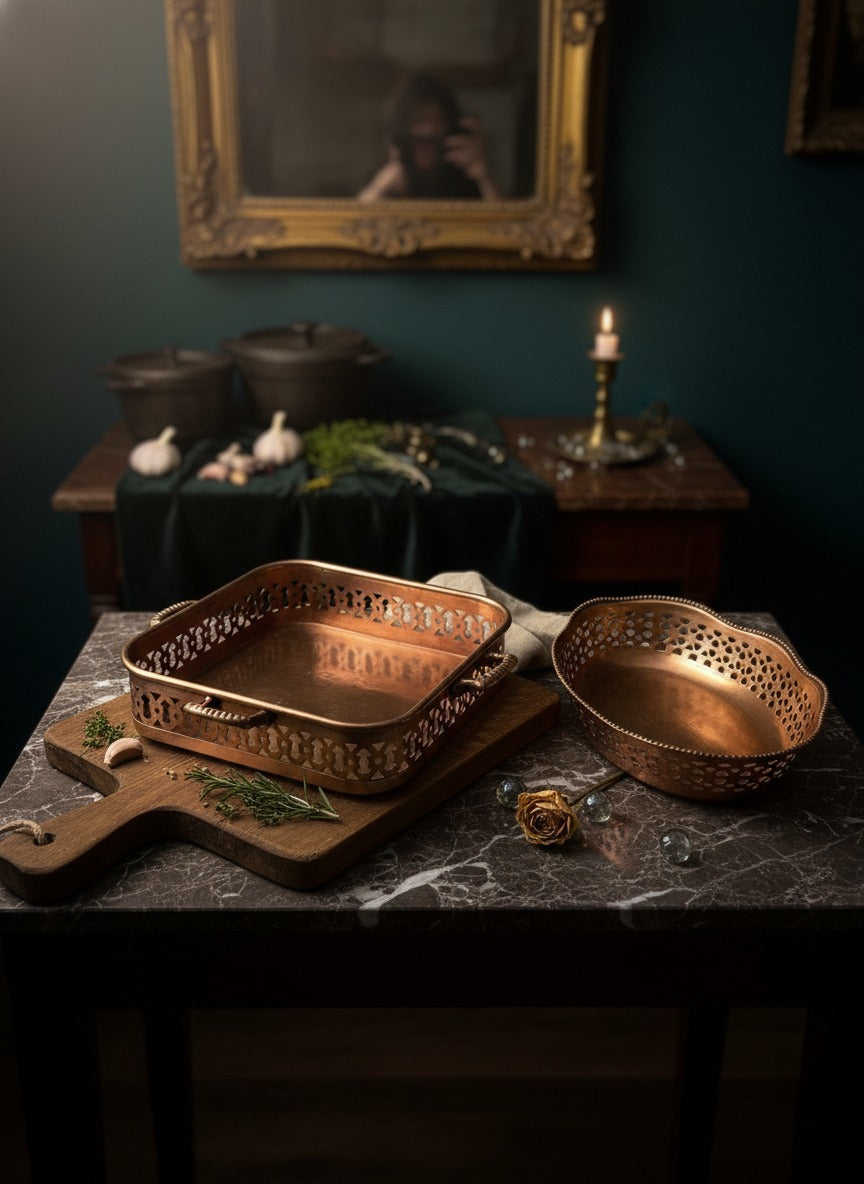 1982 Antique Brass Serving Tray Pair | Pital Traditional Kitchen and Decor Tray Set