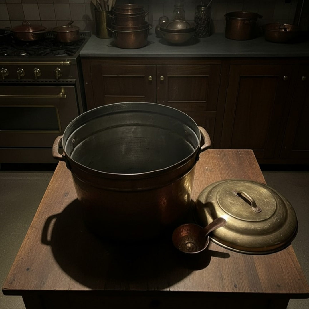 1981 Antique Brass Big-Size Steamer with Copper Ladle | Traditional Kitchen & Cooking Vessel