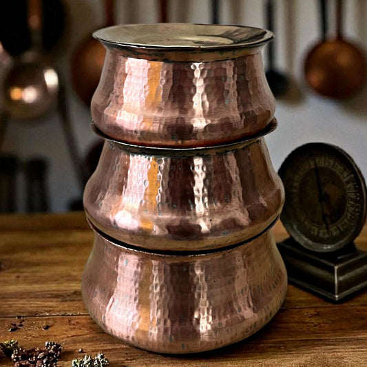 Antique Copper Deg Set of 3 with Brass Lids | Traditional Cooking & Storage Vessels