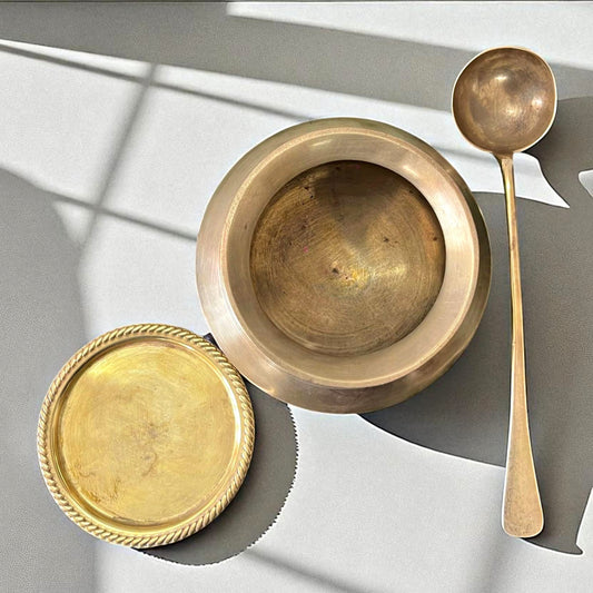 Antique Bronze Cooking Bowl with Lid & Brass Ladle | Traditional Kitchen Utility