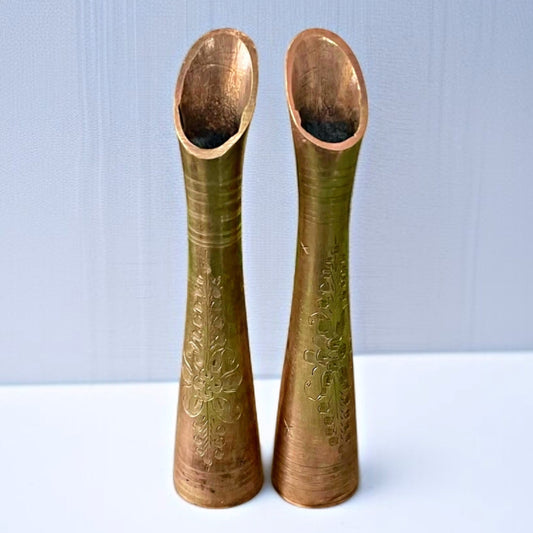 Antique Brass Small Etched Flower Vase | Traditional Craftsmanship | Décor Pair