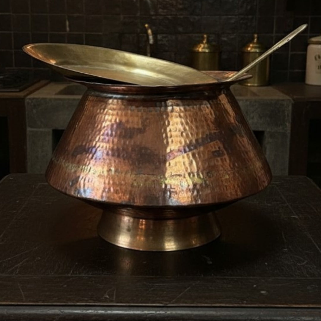 1982 Antique Copper Deg with Brass Lid and Ladle | Traditional Kitchen & Cooking Utensil
