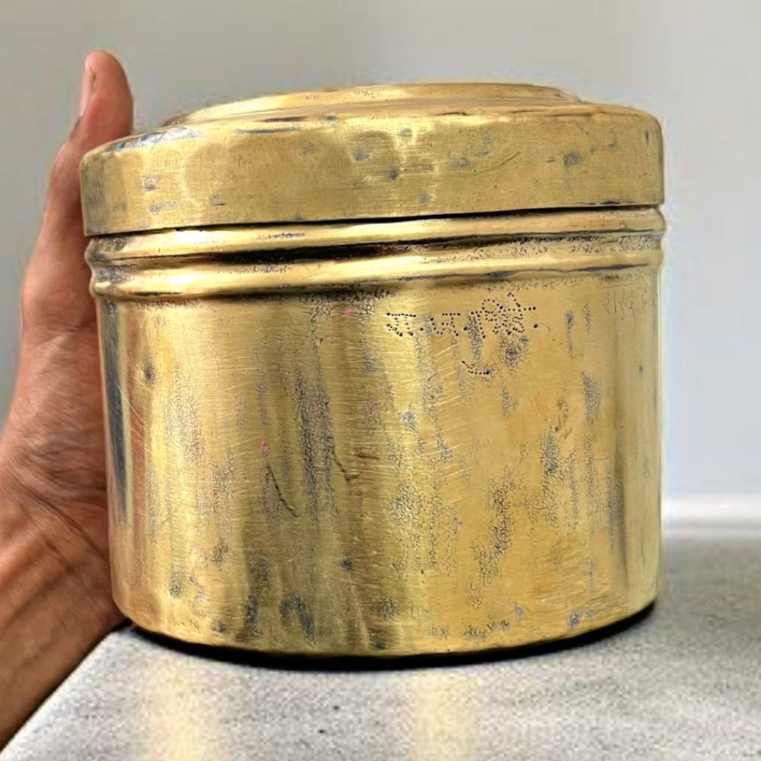 Antique Brass Handmade Storage Box | Pital Traditional Round Dabba with Lid