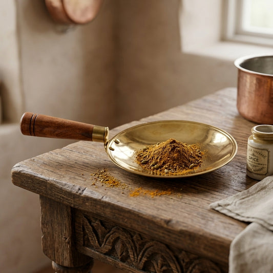 Brand New Peetal Tawa with Wooden Handle | Pure Brass Cookware | Handcrafted - Bombay Antiques