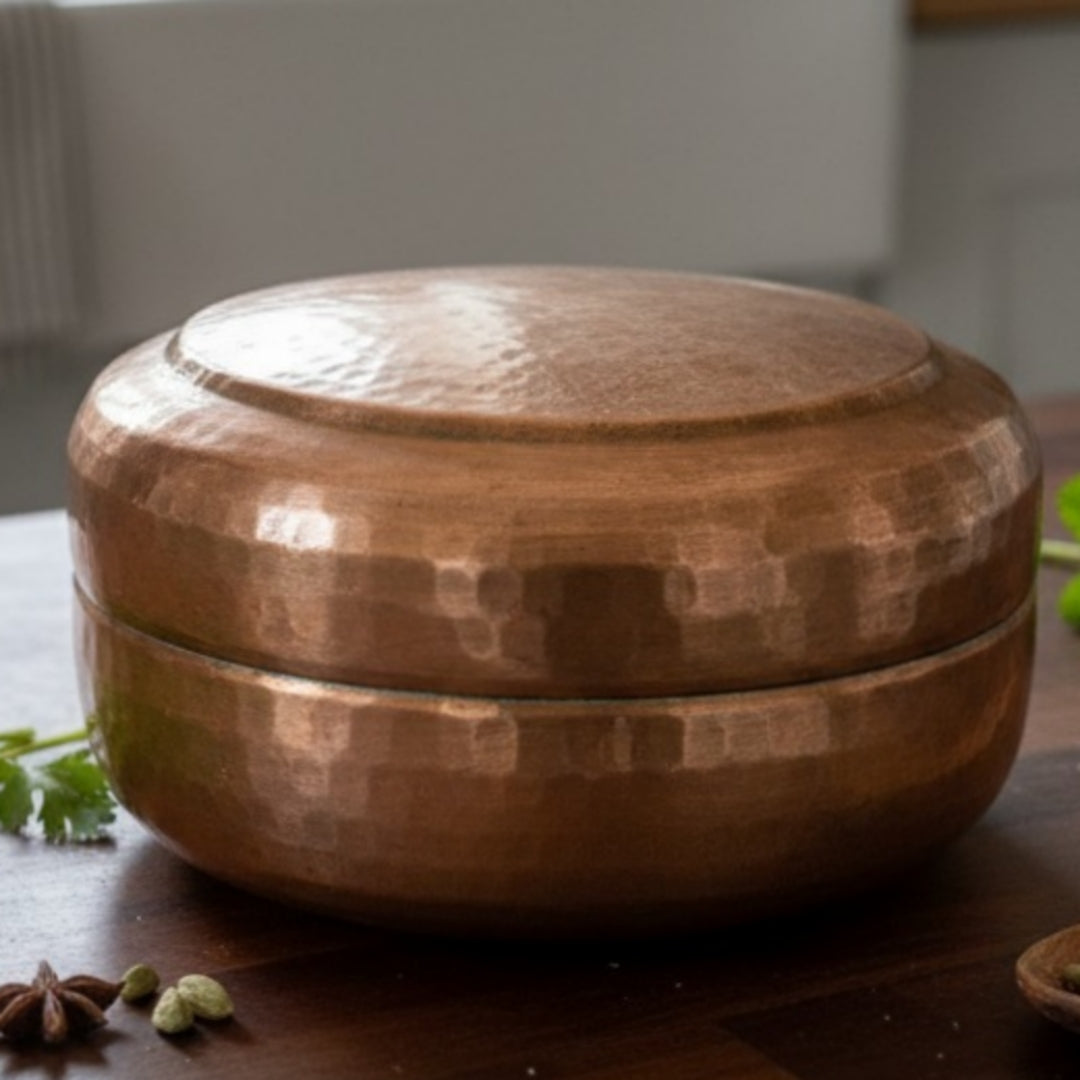 1979 Antique Brass Chapati Box | Compact Brass Roti Storage Container