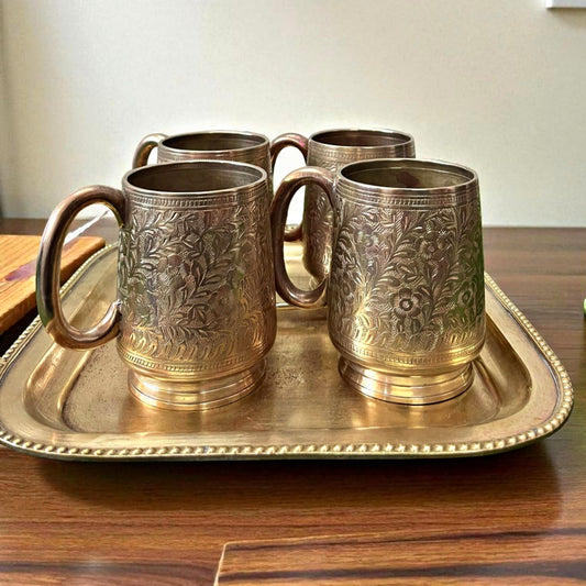 Antique Brass Mug Set of 4 with Tray & Spoons | Traditional Serveware Collection