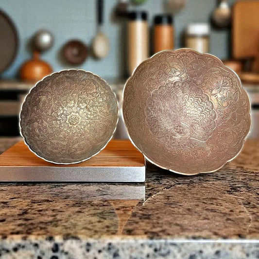 Antique Brass Engraved Serving Bowl in Pair | Pital Traditional Kitchenware