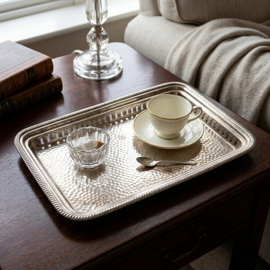 Antique Silver Coated Brass Serving Tray | Silver Plated Brass Decorative Tray | Made in 1980